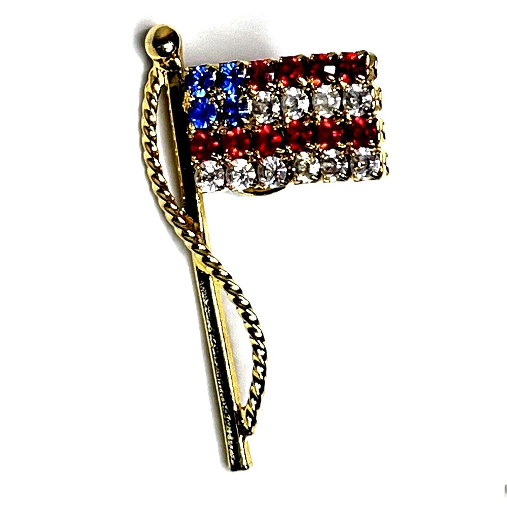 American Flag Fashion Pin Gold Tone Red White & Blue‎ Rhinestone USA